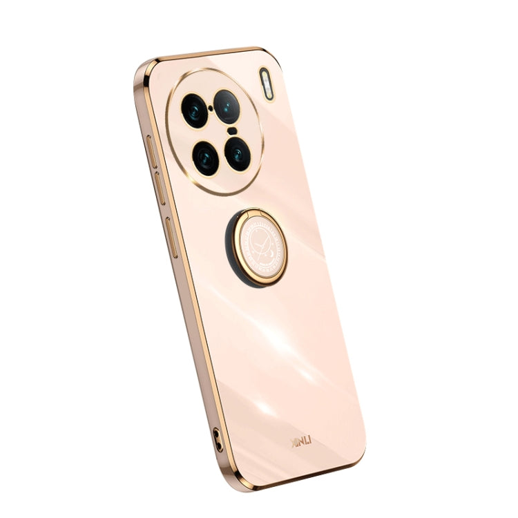 Cream TPU phone case with ring holder and camera cutouts, electroplate trim