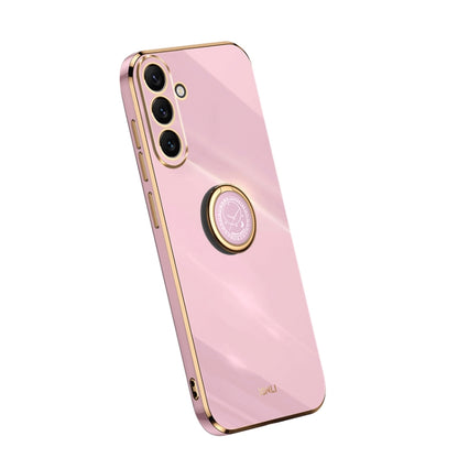 Straight edge electroplate TPU phone case with ring support, pale pink finish