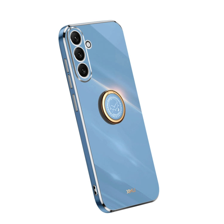 Electroplate TPU phone case with ring, blue back with camera cutouts and gold trim