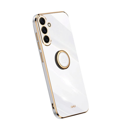 Electroplate TPU phone case with ring, white back with camera cutouts and gold trim