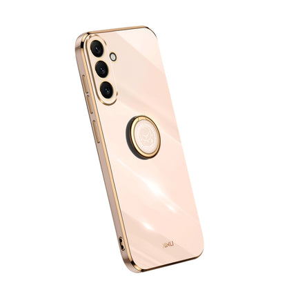 Electroplate TPU phone case with ring, light beige back with camera cutouts and gold trim