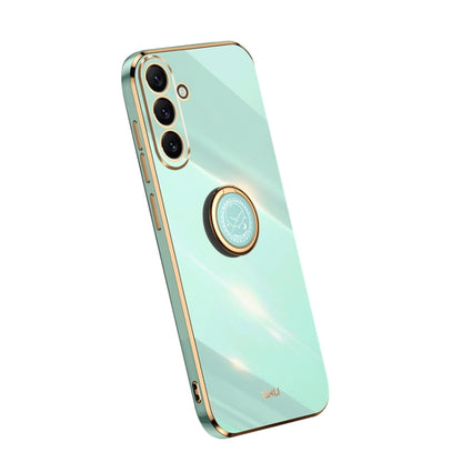 Electroplate TPU phone case with ring, mint blue back with camera cutouts and gold trim