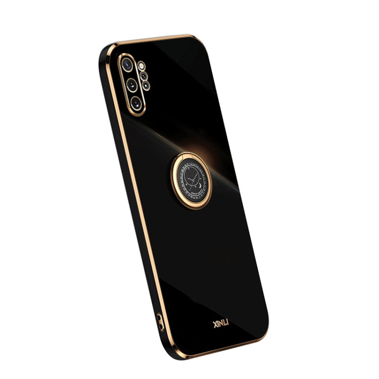 Electroplate TPU phone case with ring, black back with camera cutouts and gold trim