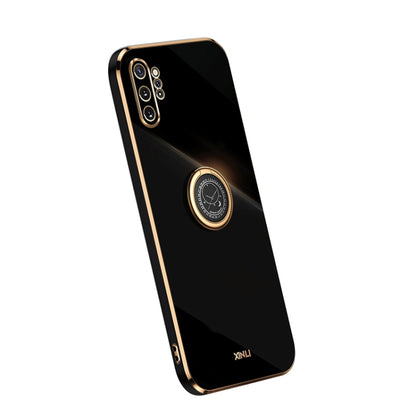 Electroplate TPU phone case with ring, black back with camera cutouts and gold trim