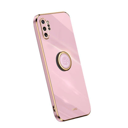 Light pink TPU phone case with ring holder and camera cutouts, electroplate trim