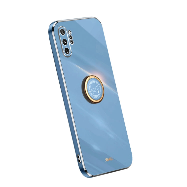 Electroplate TPU phone case with ring, sky blue back with camera cutouts and gold trim