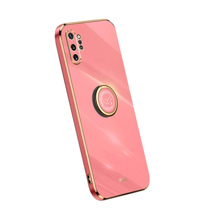 Electroplate TPU phone case with ring, coral pink back with camera cutouts and gold trim