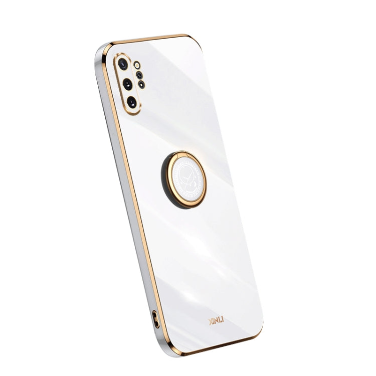 Electroplate TPU phone case with ring, glossy white back with camera cutouts and gold trim