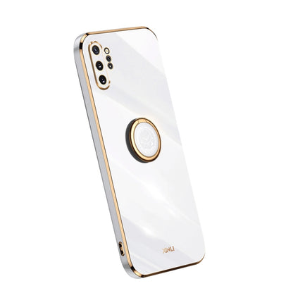 Electroplate TPU phone case with ring, glossy white back with camera cutouts and gold trim