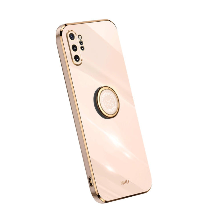 Electroplate TPU phone case with ring, blush pink back with camera cutouts and gold trim