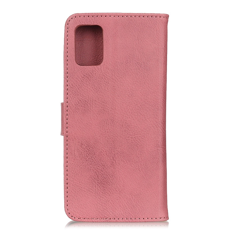Pink leather phone wallet case back with top camera cutout and side seams