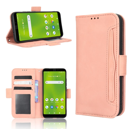 Pink leather folio phone case with card slots, stand cover, and cutout for camera