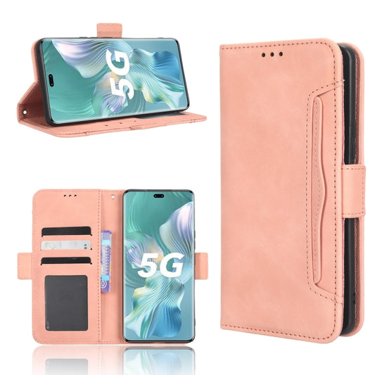 Pink leather folio phone case with card slots and front cover, shown open and closed.
