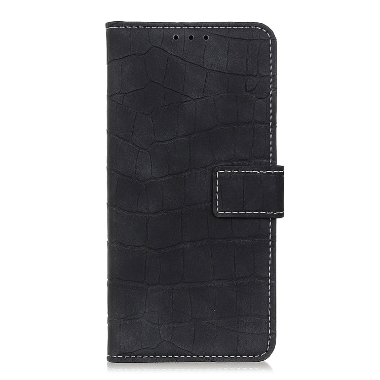Black crocodile-texture flip phone case wallet with stitched front flap and cutout.
