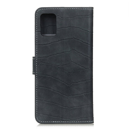 Black crocodile-texture phone wallet case with camera cutout and vertical stitching.