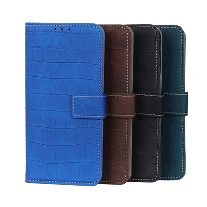 Assorted crocodile-texture flip phone wallet cases in blue, brown, black, and dark green.