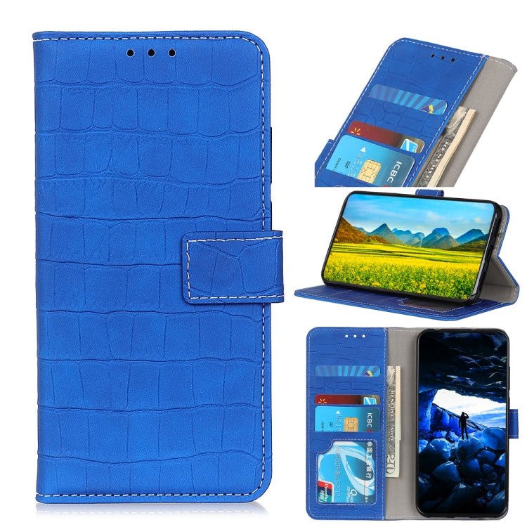 Blue crocodile-texture flip phone wallet case with card slots and viewing stand.