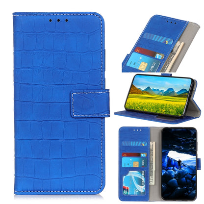 Blue crocodile-texture flip phone wallet case with card slots and viewing stand.
