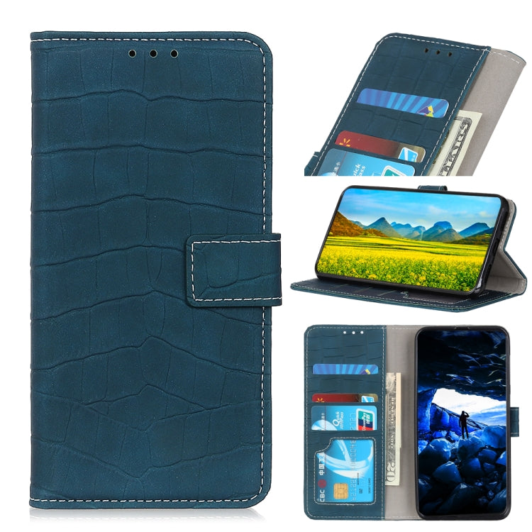 Dark green crocodile-texture flip phone wallet case with card slots and viewing stand.