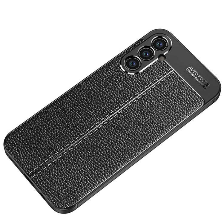 Black litchi-textured TPU phone case with diagonal seam stitching detail