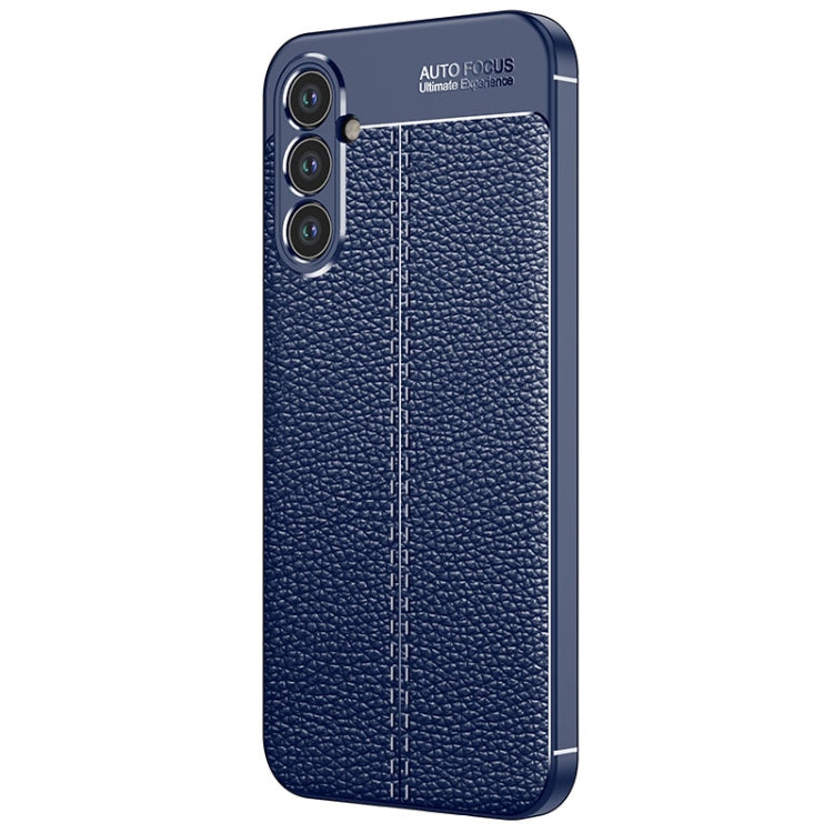 Blue litchi-textured TPU phone case with raised camera cutouts