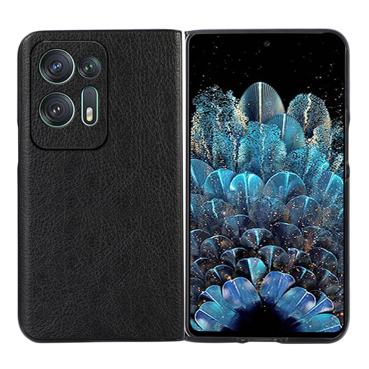 Two-tone litchi PU phone case with black textured back and cutout openings