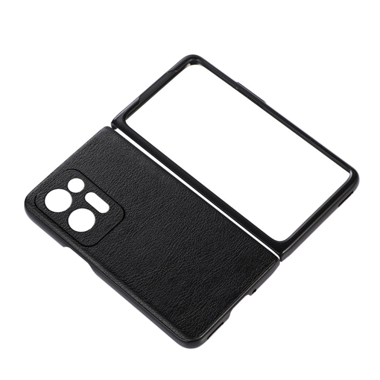 Two-tone litchi PU phone case, black textured finish with camera and speaker openings