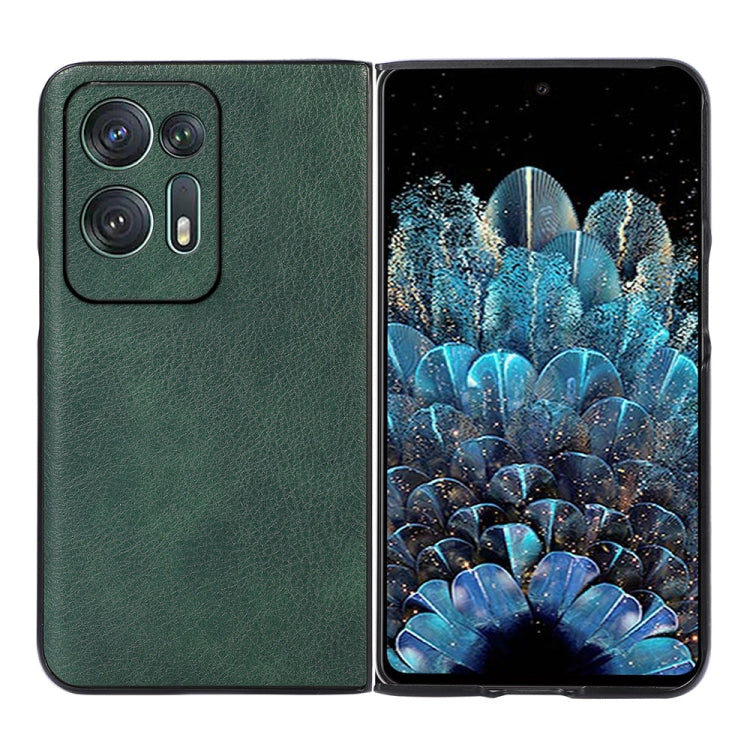 Two-tone litchi PU phone case with green textured back and camera cutouts