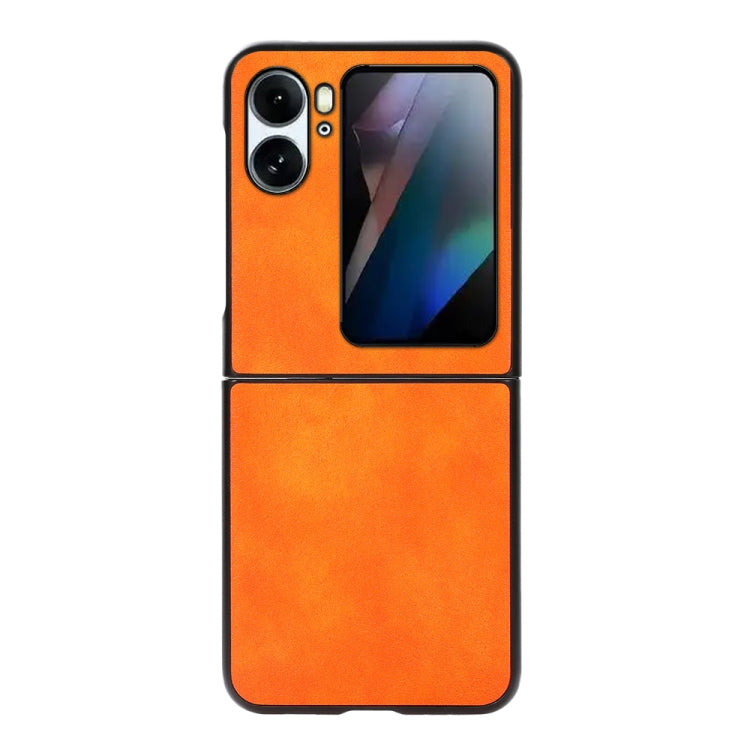 Two-tone litchi PU phone case, orange textured two-piece look with camera openings