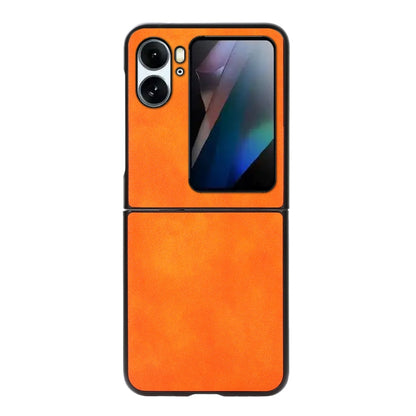 Two-tone litchi PU phone case, orange textured two-piece look with camera openings