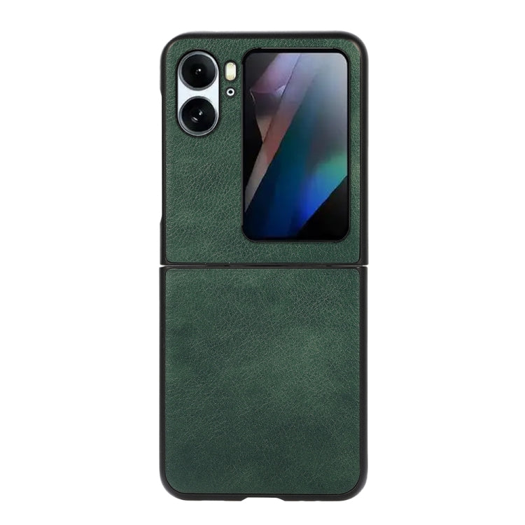 Two-tone litchi PU phone case, green textured two-piece design with top camera section