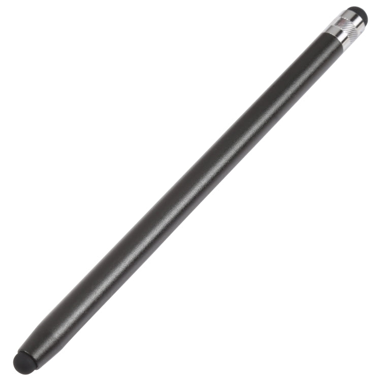 Black touchscreen stylus pen with rubber tip and metal barrel rings