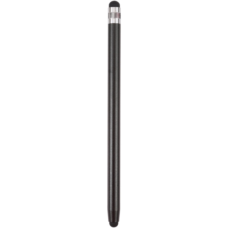 Black touchscreen stylus pen with capped tip and ribbed metal grip