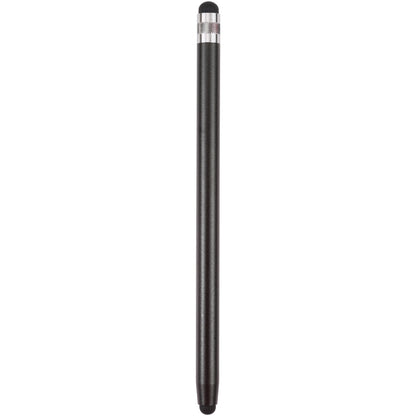 Black touchscreen stylus pen with capped tip and ribbed metal grip
