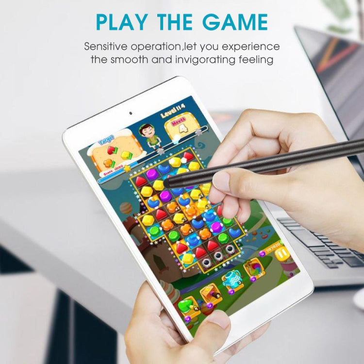 Black touchscreen stylus pen held over tablet screen for tapping