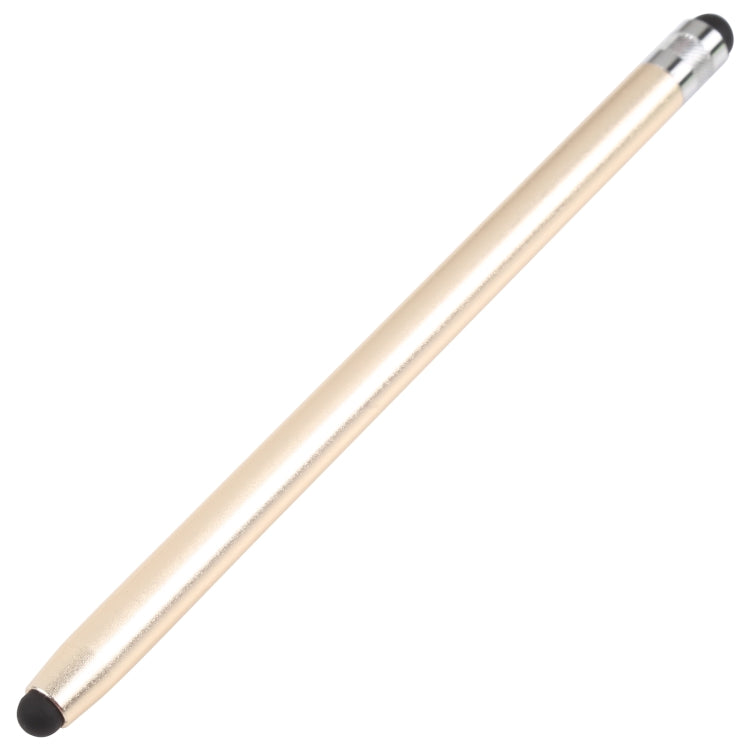 Beige touchscreen stylus pen with rubber tip and silver metal collar