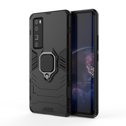Rugged black shockproof phone case with magnetic ring holder and TPU bumper