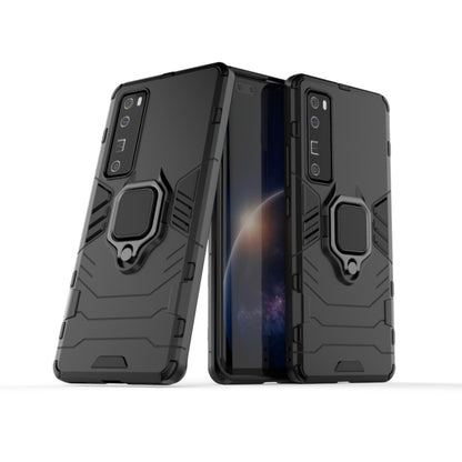 Rugged black protective phone case with magnetic ring holder, front and back view