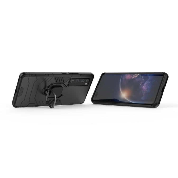 Rugged black phone case with magnetic ring holder; front cover shown