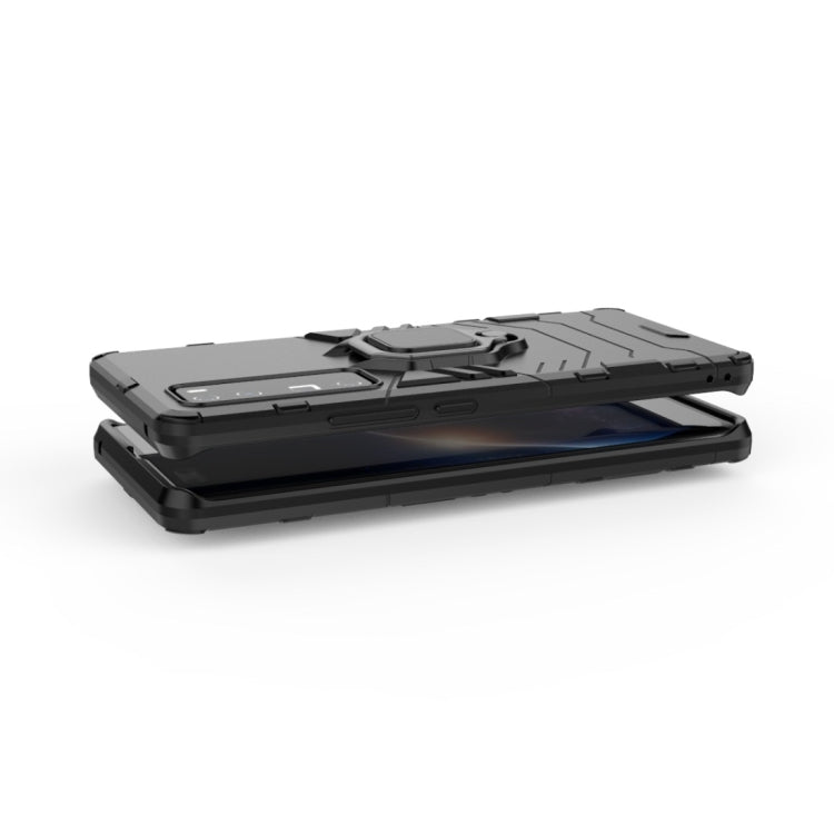 Rugged black shockproof phone case with magnetic ring holder and raised edge protection