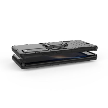 Rugged black shockproof phone case with magnetic ring holder and raised edge protection