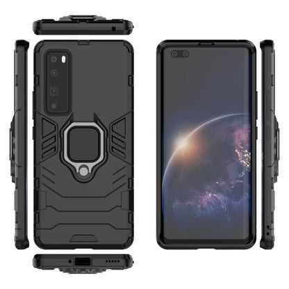 Rugged black phone case with magnetic ring holder and textured grip rails