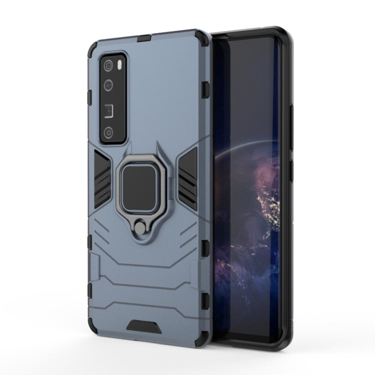 Shockproof phone case with magnetic ring holder, blue-gray, rugged textured side grips