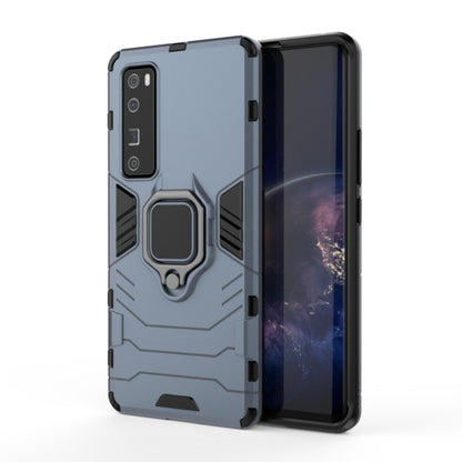 Shockproof phone case with magnetic ring holder, blue-gray, rugged textured side grips
