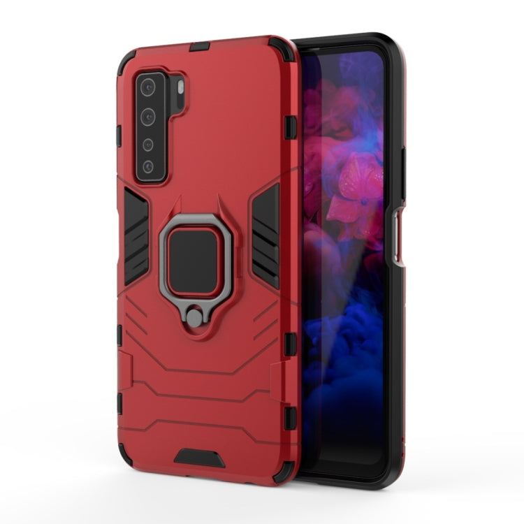 Shockproof phone case with magnetic ring holder, red with textured grip panels