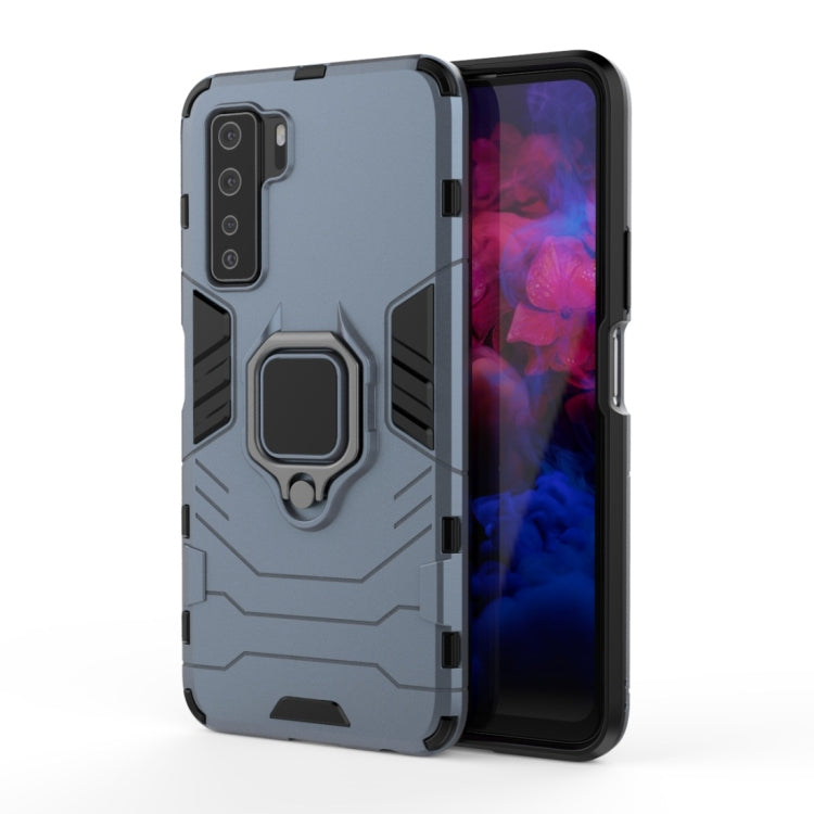 Shockproof phone case with magnetic ring holder, blue-gray, raised bumper corners