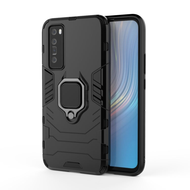 Rugged dark phone case with magnetic ring holder; touchscreen front cover shown