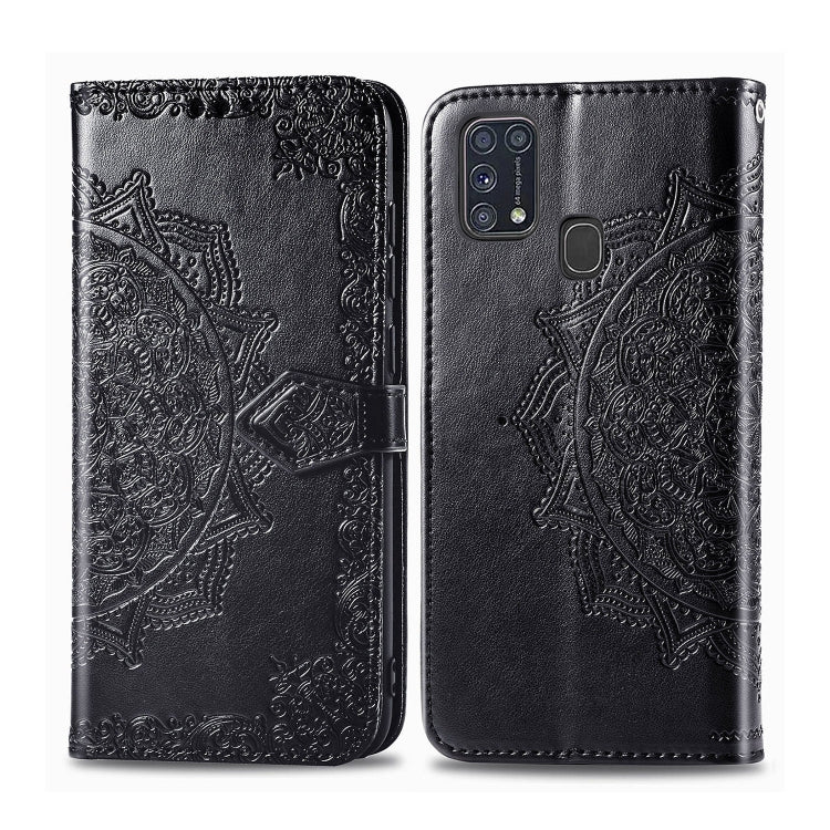 Black embossed mandala flip phone case with card holder and closure strap