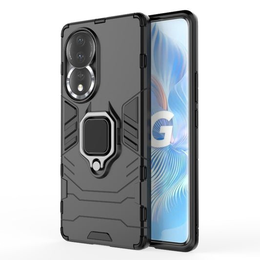 Shockproof phone case with magnetic ring holder, black rugged TPU and PC cover