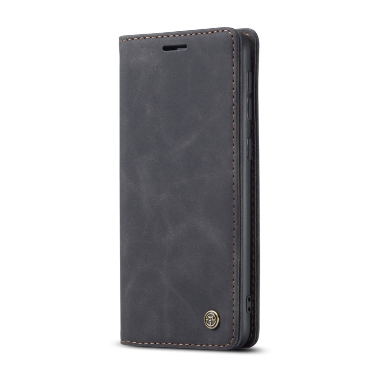 Black leather wallet-style phone case with card slot cutout and stitched edge